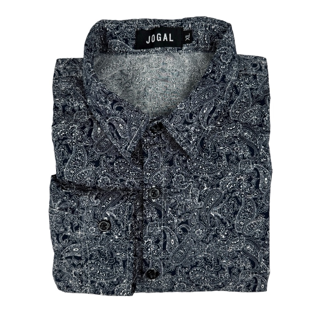 JOGAL Men's XL Dress Shirt Paisley Long Sleeve Button Up black White AOP Cotton‎